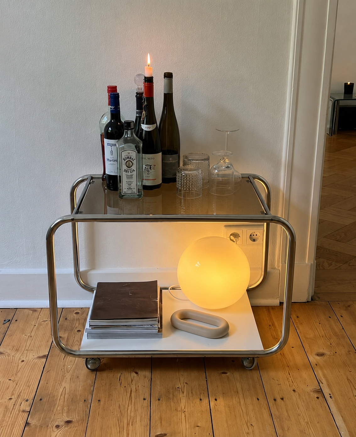 The Loop at rest on a vintage bar cart